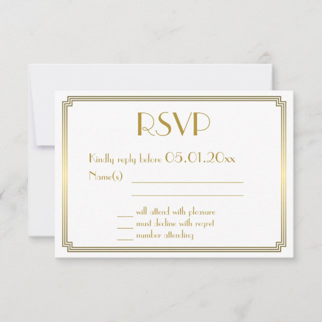Great Gatsby Art Deco White Gold Wedding RSVP Card (Front)
