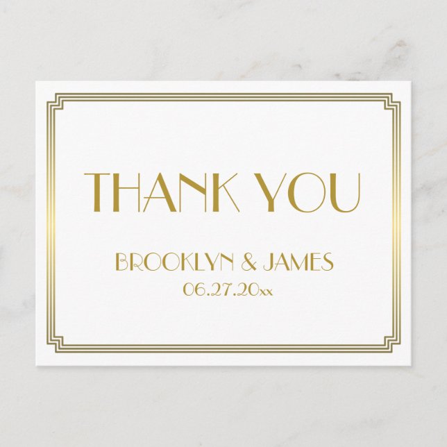Great Gatsby Art Deco White Wedding Thank You Postcard (Front)