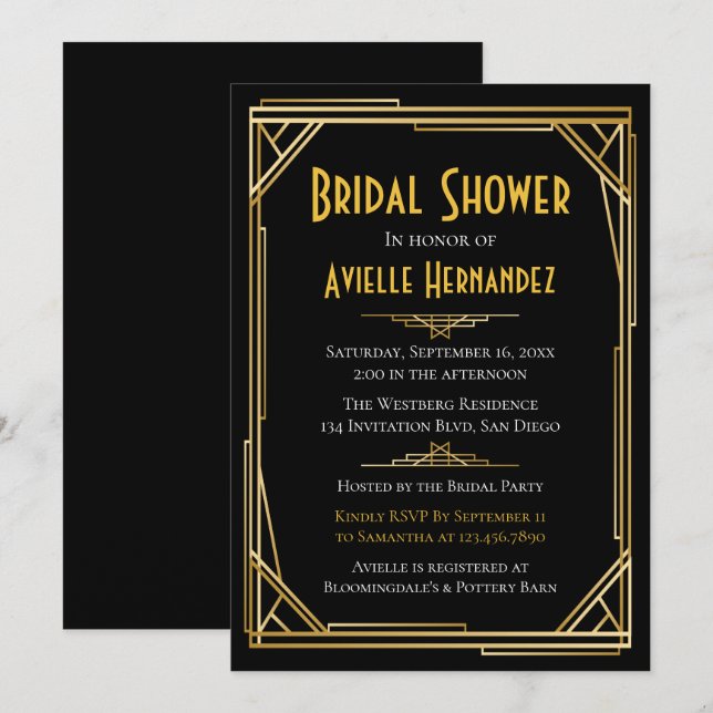 Great Gatsby Bridal Shower Gold & Black Wedding Invitation (Front/Back)