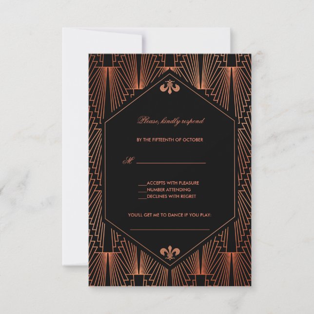 Great Gatsby Copper Art Deco Song Request Wedding RSVP Card (Front)