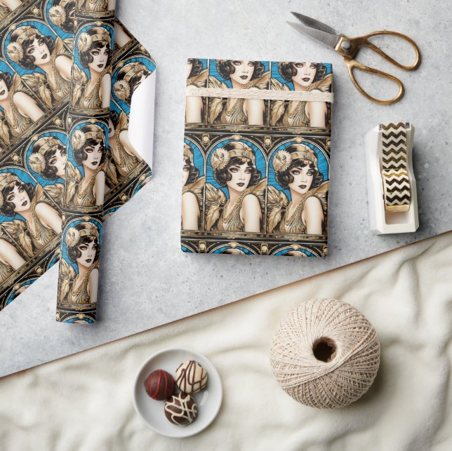Great gatsby Flapper blue gold black 1920's Wrapping Paper (Crafts)
