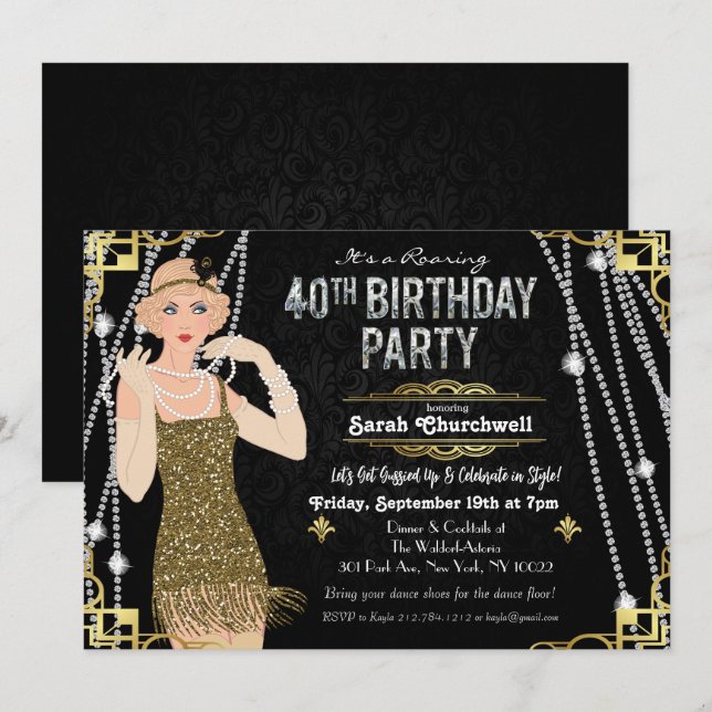 Great Gatsby Flapper Girl 40th Birthday Invitation (Front/Back)