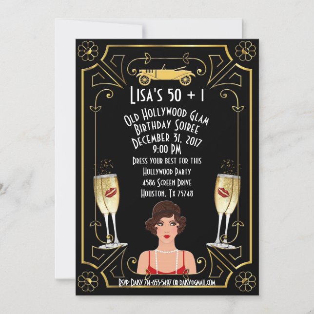 Great Gatsby Flapper Girl Golden Hollywood Invite (Front)