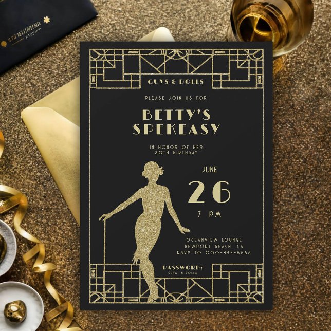 Great Gatsby Flapper Roaring 20 Speakeasy Birthday Invitation (great gatsby party birthday roaring 20s for women speakeasy flapper gold glitter invitation template)