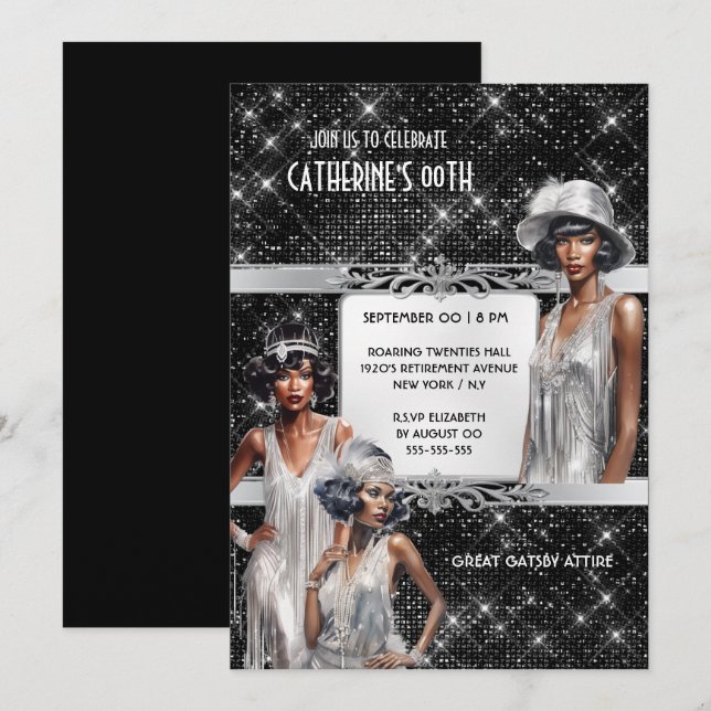 Great Gatsby glam Flapper girls silver black Invitation (Front/Back)