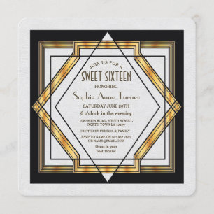 Great Gatsby Gold White Art Deco 1920s SWEET 16 Invitation