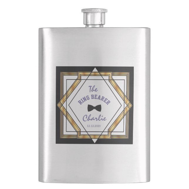 Great Gatsby Gold White Art Deco RING BEARER Hip Flask (Front)