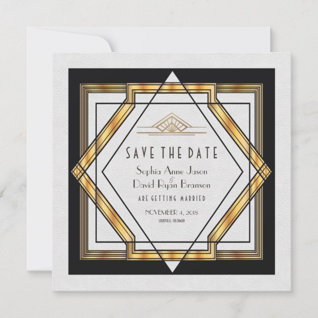 Great Gatsby Gold White Art Deco Save The Date (Front)