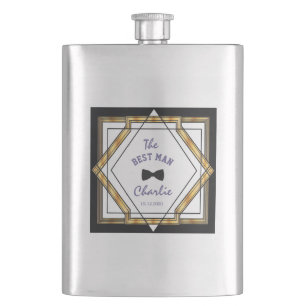 Great Gatsby Gold White Art Deco The BEST MAN Hip Flask