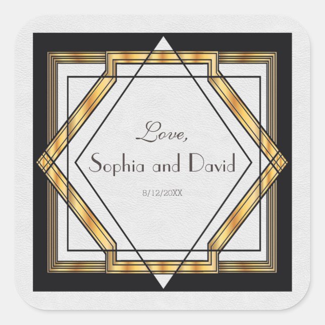 Great Gatsby Gold White Art Deco Wedding Square Sticker (Front)