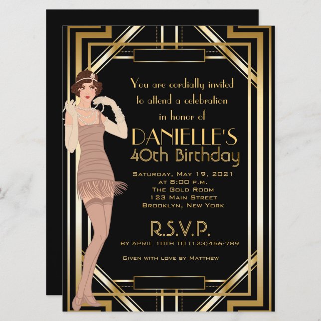 Great Gatsby Inspired Art Deco Birthday Invitation (Front/Back)