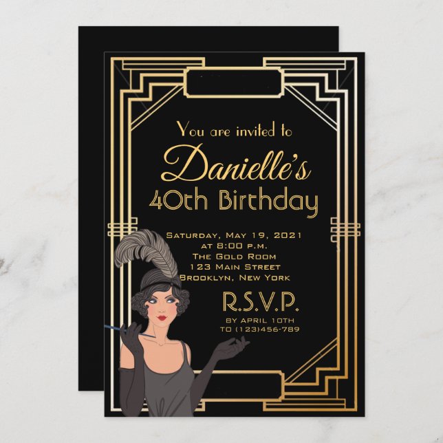 Great Gatsby Inspired Art Deco Birthday Invitation (Front/Back)