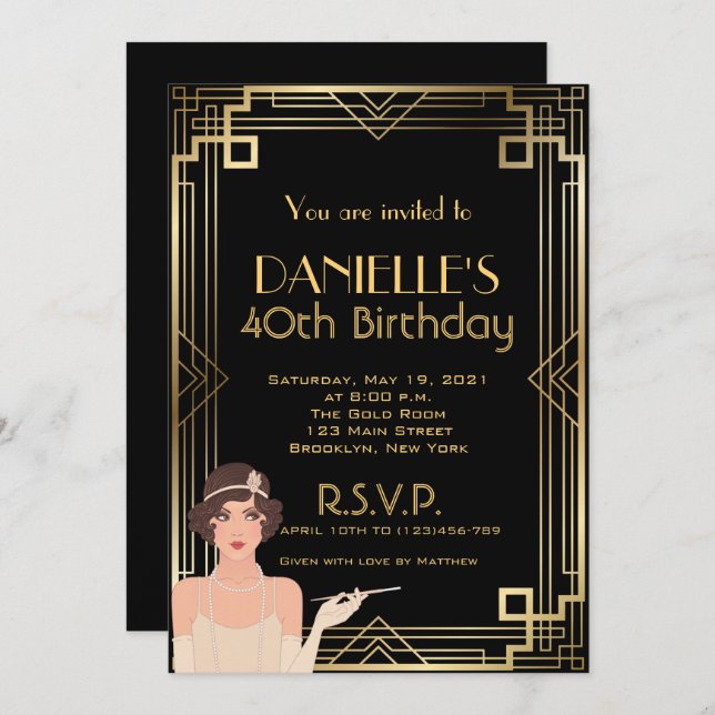 Great Gatsby Inspired Art Deco Birthday Invitation (Front/Back)