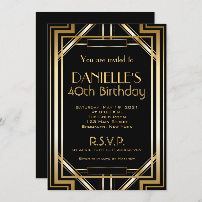Great Gatsby Inspired Art Deco Birthday Invitation (Front/Back)