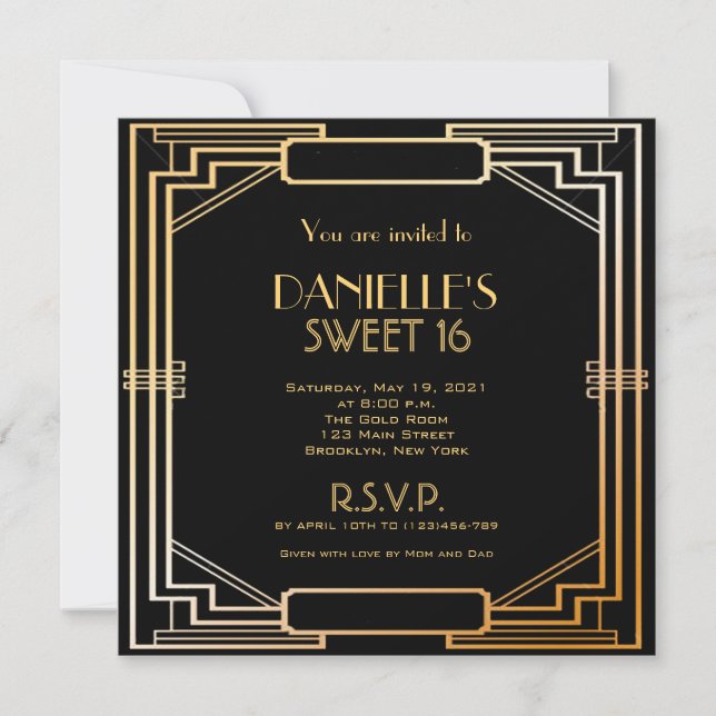 Great Gatsby Inspired Art Deco Sweet 16 Invitation (Front)