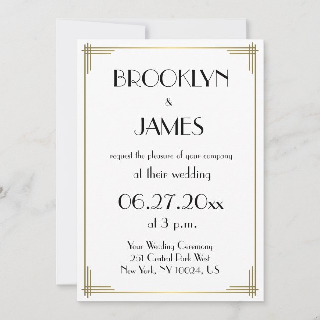 Great Gatsby White Art Deco Wedding Invitations (Front)