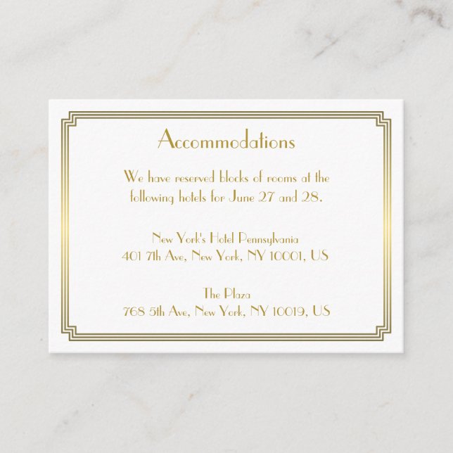 Great Gatsby White Wedding Accommodation Cards (Front)