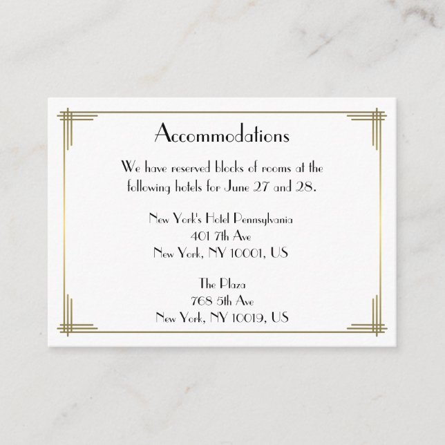Great Gatsby White Wedding Accommodation Cards (Front)