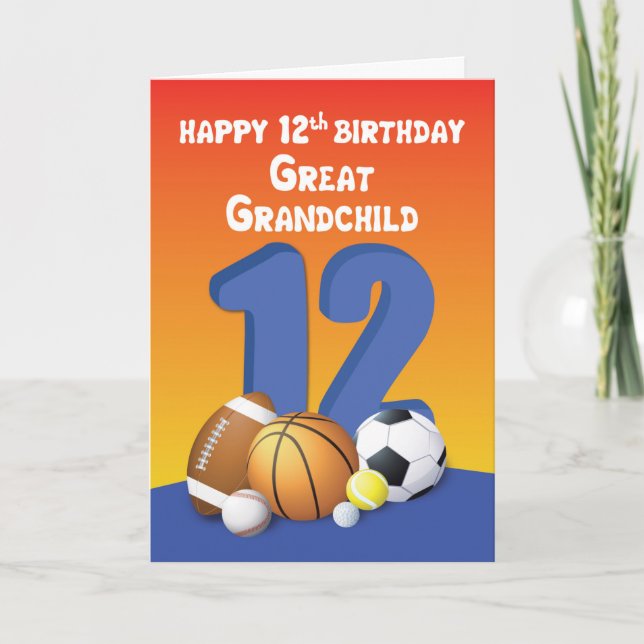 Great Grandchild, Boy 12th Birthday Sports Balls Card (Front)