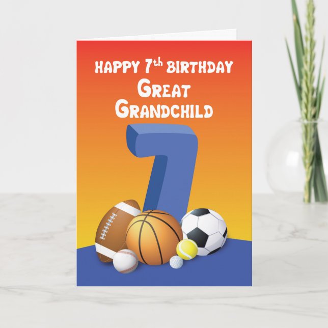Great Grandchild, Boy 7th Birthday Sports Balls Card (Front)