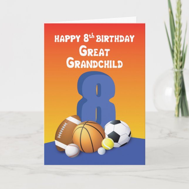 Great Grandchild, Boy 8th Birthday Sports Balls Card (Front)