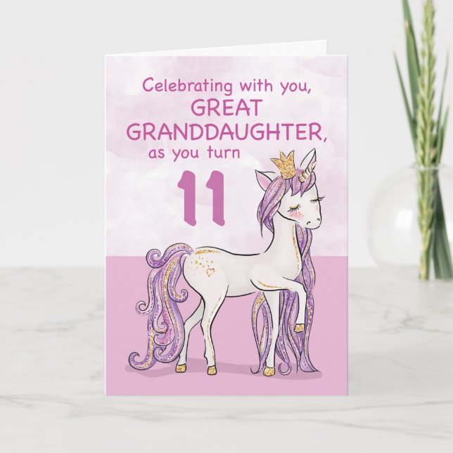 Great Granddaughter 11th Birthday Pink Unicorn Card (Front)