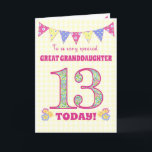 Great Granddaughter 13th Birthday Primroses Card<br><div class="desc">A pretty 13th Birthday card for your great granddaughter, with polka dot bunting, primrose flowers and numbers filled with a primrose pattern, all on a pale yellow check gingham background. The front cover message is, 'To a very special GREAT GRANDDAUGHTER 13 TODAY!' The inside message is just a suggestion and...</div>
