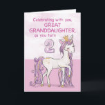 Great Granddaughter 2nd Birthday Pink Horse Card<br><div class="desc">A sweet pink pony just like your great granddaughter is prancing with the number two! Gold looking details are woven in her mane and tail. Perfect card to wish your great granddaughter her 2nd birthday!
(Digitally rendered golden looking colour)</div>