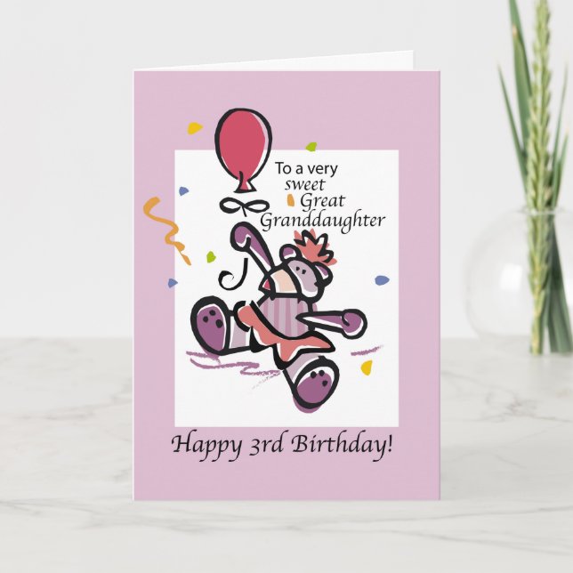Great Granddaughter 3rd Birthday Bear Balloon Card (Front)