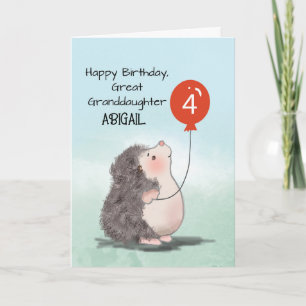 Great Granddaughter 4th Birthday Hedgehog Balloon Card