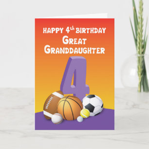 Great Granddaughter 4th Birthday Sports Balls Card