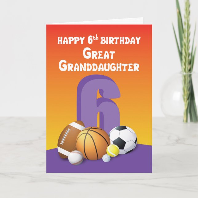 Great Granddaughter 6th Birthday Sports Balls Card (Front)