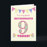 Great Granddaughter 9th Birthday Primroses Card<br><div class="desc">A pretty 9th Birthday card for your great granddaughter, with polka dot bunting, primrose flowers and numbers filled with a primrose pattern, all on a pale yellow check gingham background. The front cover message is, 'To a very special GREAT GRANDDAUGHTER 9 TODAY!' The inside message is just a suggestion and...</div>