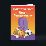 Great Granddaughter 9th Birthday Sports Balls Card<br><div class="desc">Clearly this card is the only thing you need if you want to share a fun birthday greeting for your sweet great granddaughter. Get her this card today and give it on the day of her 9th birthday celebration.</div>