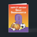Great Granddaughter 9th Birthday Sports Balls Card<br><div class="desc">Clearly this card is the only thing you need if you want to share a fun birthday greeting for your sweet great granddaughter. Get her this card today and give it on the day of her 9th birthday celebration.</div>