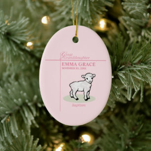 Great Granddaughter Baptism Pink Girl Lamb Ceramic Tree Decoration