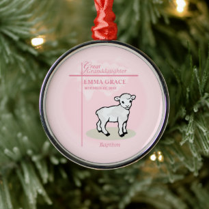 Great Granddaughter Baptism Pink Girl Lamb  Metal Tree Decoration