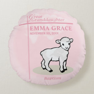 Great Granddaughter Baptism Pink Girl Lamb Round Cushion