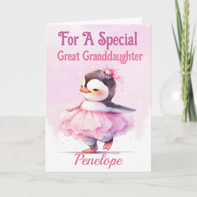 Great Granddaughter Birthday Penguin Ballerina  Card (Front)