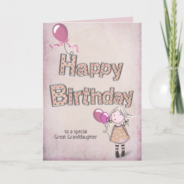 great granddaughter birthday with pink balloons card (Front)
