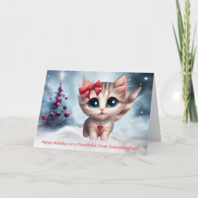 Great Granddaughter Christmas Holiday Cute Cat  Card (Front)