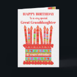 Great Granddaughter Custom Age Birthday Cake Card<br><div class="desc">You can add the age to this brightly coloured birthday card for your great granddaughter, with a strawberry birthday cake. The cake has lots of candles with different patterns and there is a patterned band around the cake with colourful summer fruits - strawberries, raspberries, limes and orange slices. Above the...</div>
