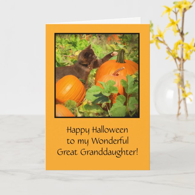 Great Granddaughter Halloween with Cute Kitty Card (Yellow Flower)