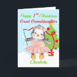 Great Granddaughter Happy 1st Christmas Penguin  Holiday Card<br><div class="desc">A cute Great Granddaughter happy first Christmas card designed with a cartoon baby ballerina penguin wearing a pink tutu and twirling a red ribbon with a blue snowy background . The typography text is in red and green . A lovely xmas card to give to a great grandchild for their...</div>