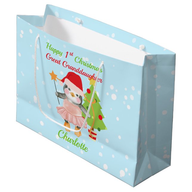 Great Granddaughter Happy 1st Christmas Penguin  Large Gift Bag (Front Angled)