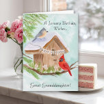 Great Granddaughter Happy January Birthday Birds Card<br><div class="desc">This hand-painted watercolor features a charming birdhouse adorned with a Happy Birthday banner, as a tufted titmouse and a cardinal stop by on a crisp January winter day. Soft seasonal details and gentle colors create a warm, thoughtful scene, making it a lovely birthday piece for great granddaughter who celebrates in...</div>