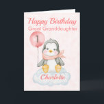 Great Granddaughter Penguin Happy 1st Birthday Card<br><div class="desc">A cute 1st birthday Great Granddaughter baby penguin birthday card. The card features a baby girl penguin sitting on a cloud holding a balloon. A sweet design for a little girl who will be one year old. Add the child, s name to the front of the card to customize it...</div>