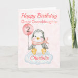 Great Granddaughter Penguin Happy 2nd Birthday Card<br><div class="desc">A cute 2nd birthday Great Granddaughter baby penguin birthday card. The card features a baby girl penguin sitting on a cloud holding a balloon. A sweet design for a little girl who will be two years old. Add the child, s name to the front of the card to customise it...</div>
