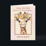 Great Granddaughter Personalise Birthday Safari Card<br><div class="desc">A one-of-a-kind card for a one-of-a-kind great-granddaughter. This charming birthday design features a baby giraffe adorned with soft pink and yellow florals, set against a dreamy watercolor background with a delicate giraffe pattern. The front reads Happy Birthday Sweet Great-Granddaughter and allows you to personalise it with her name, making the...</div>