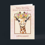 Great Granddaughter Personalise Birthday Safari Card<br><div class="desc">A one-of-a-kind card for a one-of-a-kind great-granddaughter. This charming birthday design features a baby giraffe adorned with soft pink and yellow florals, set against a dreamy watercolor background with a delicate giraffe pattern. The front reads Happy Birthday Sweet Great-Granddaughter and allows you to personalise it with her name, making the...</div>